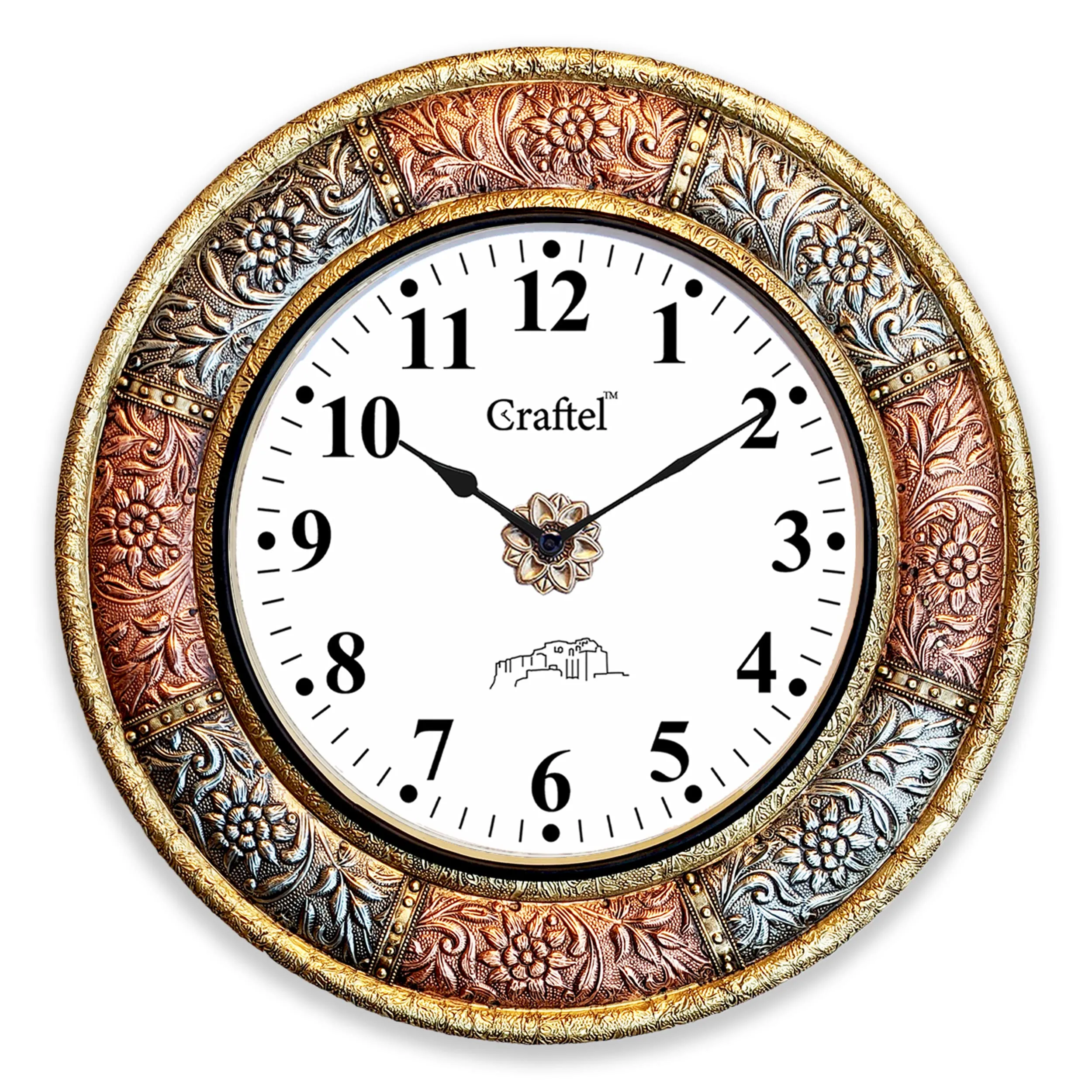 CRAFTEL Brass And Copper Heavy Embossed English Dial Abstract Wall Analog Clock For Bedroom Living Room Home (Gold/Copper 18 X 18 Inch)