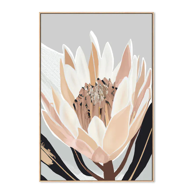 Cream Silver Protea 40cm x 60cm Framed Canvas - Natural Frame