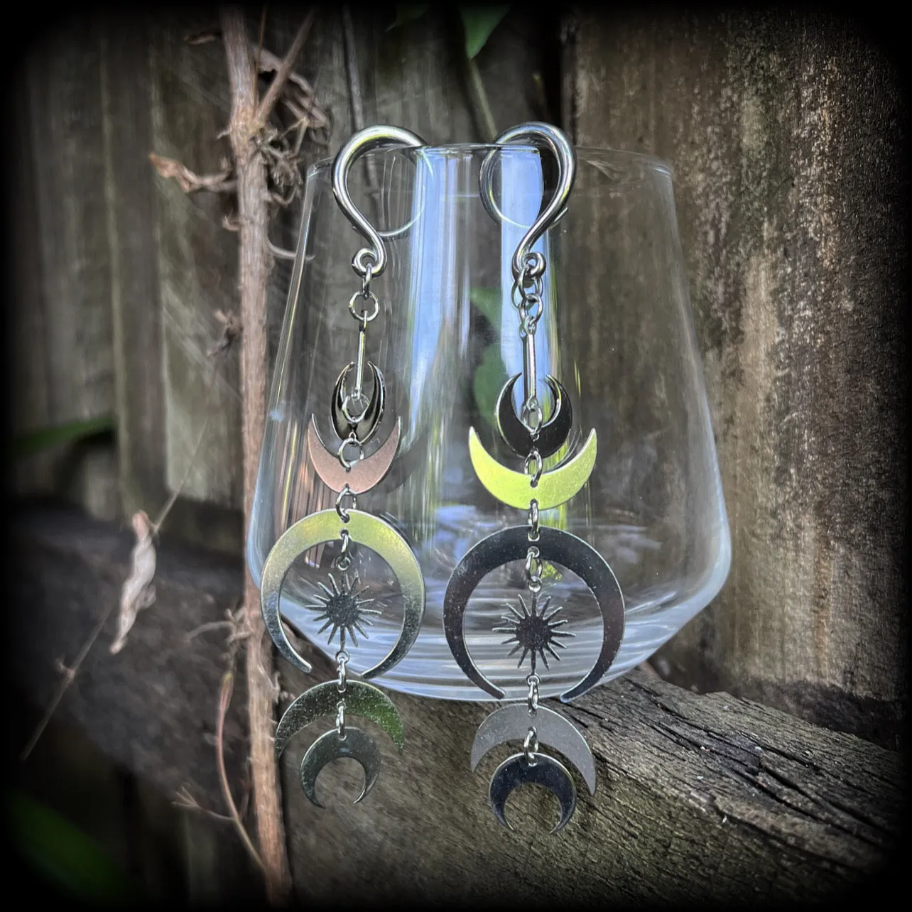 Crescent moon ear hangers-Occult gauged earrings