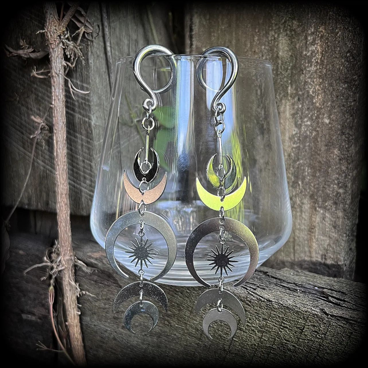 Crescent moon ear hangers-Occult gauged earrings