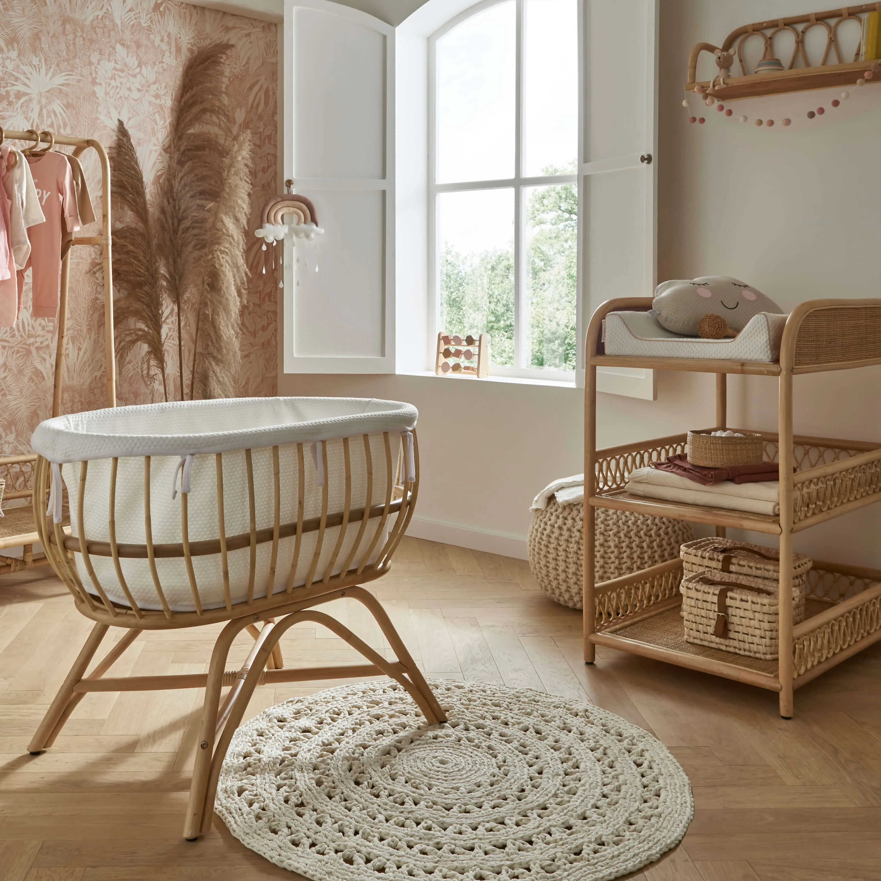 CuddleCo Aria Crib and Changer Room Set in Rattan