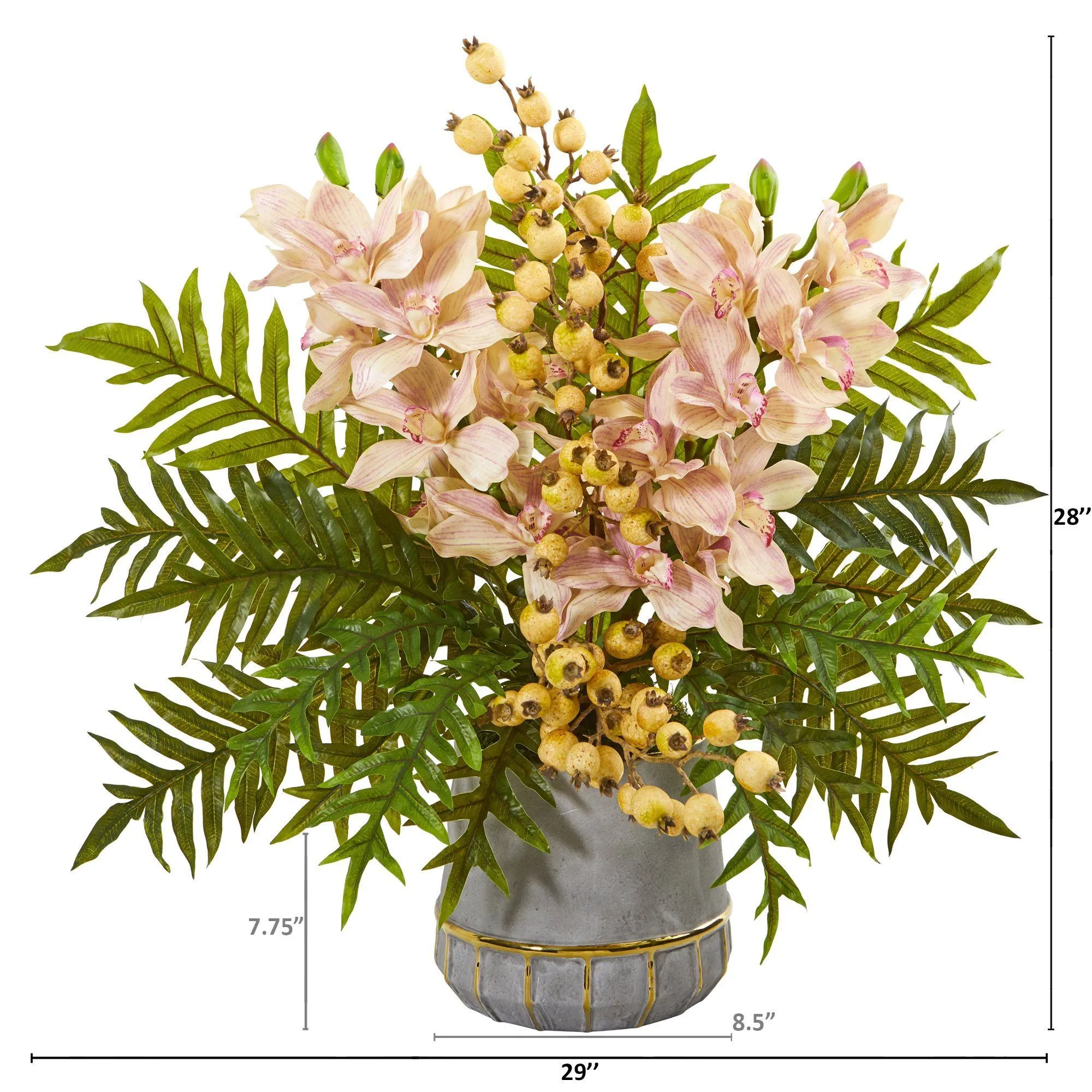 Cymbidium Orchid, Pomegranate and Fern Artificial Arrangement