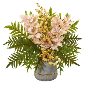 Cymbidium Orchid, Pomegranate and Fern Artificial Arrangement