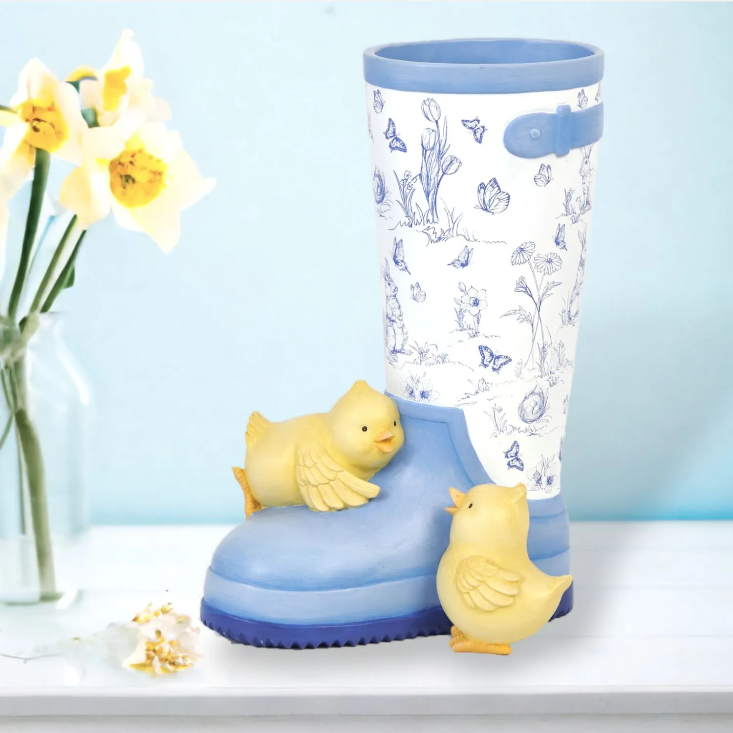 December Diamonds Blue Butterfly Garden Rainboot Planter With Baby Chicks