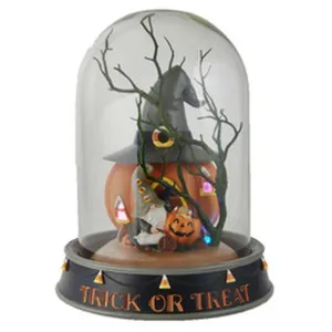 December Diamonds Candy Corn Halloween Pumpkin With Hat Musical Led In Cloche.