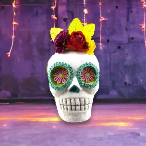 December Diamonds Day Of The Dead Halloween 5.5 inch Skeleton w/Yllw Flower Ornament