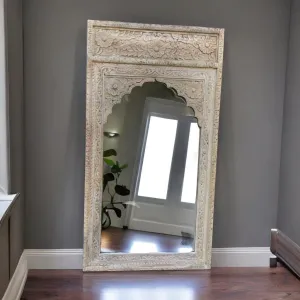 Dressing Room Floor-Mirror in Carved Wooden Frame, Bedroom-Mirror in Distressed White-Color, Makeup Room Mirror in Carving Floral Design