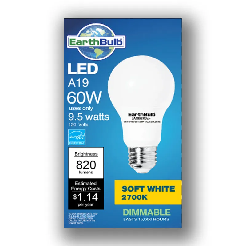 EarthTronics 11051 - 9.5 Watt A19 LED - 4000K - Dimmable - 820 Lumen- LA19940DEF