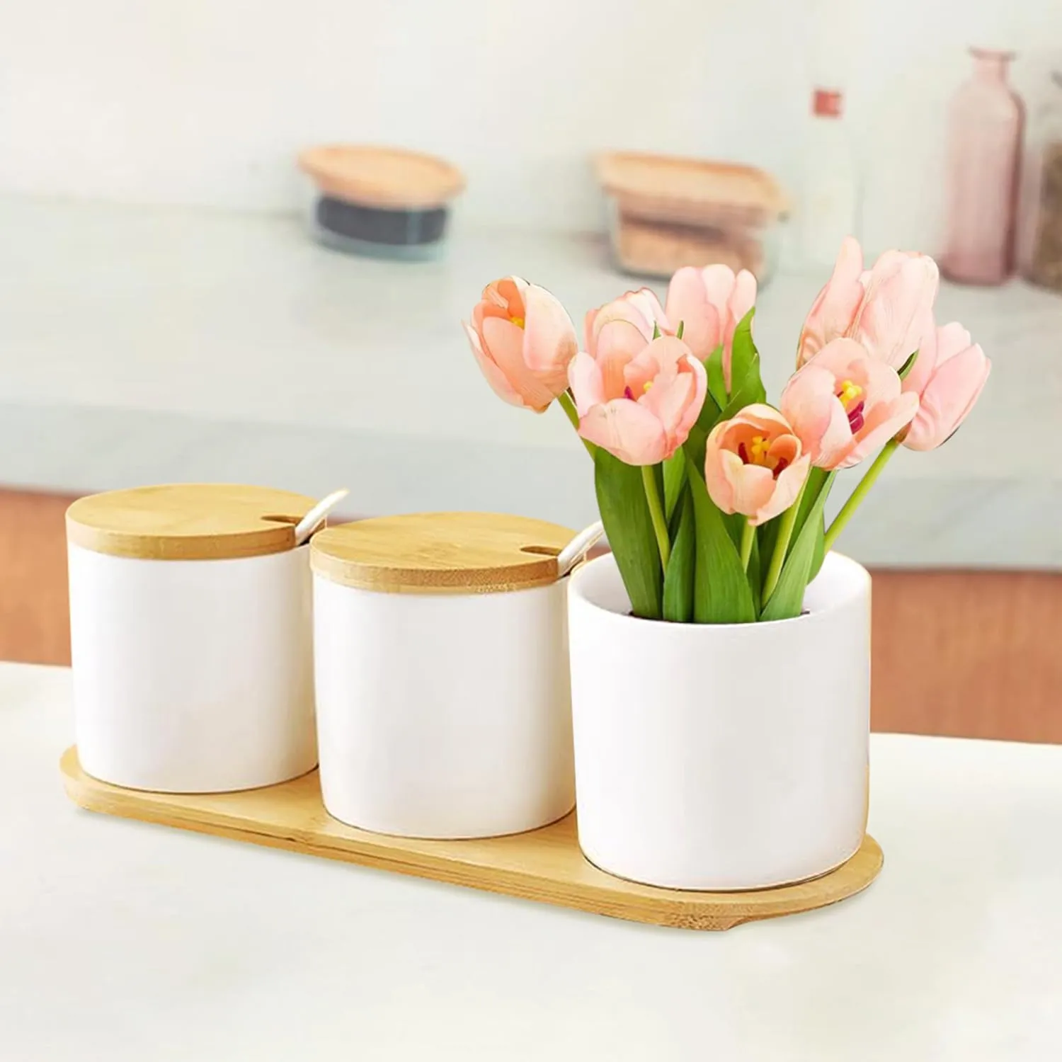 Ekhasa Multipurpose Ceramic Jars with Bamboo Lid (Set of 3) | Ideal for Home Decor, Kitchen Storage, Keeping Cosmetics & Jewellery Accessories, Vases & Plants, Cutlery & Tissues Holder, Candle Holder