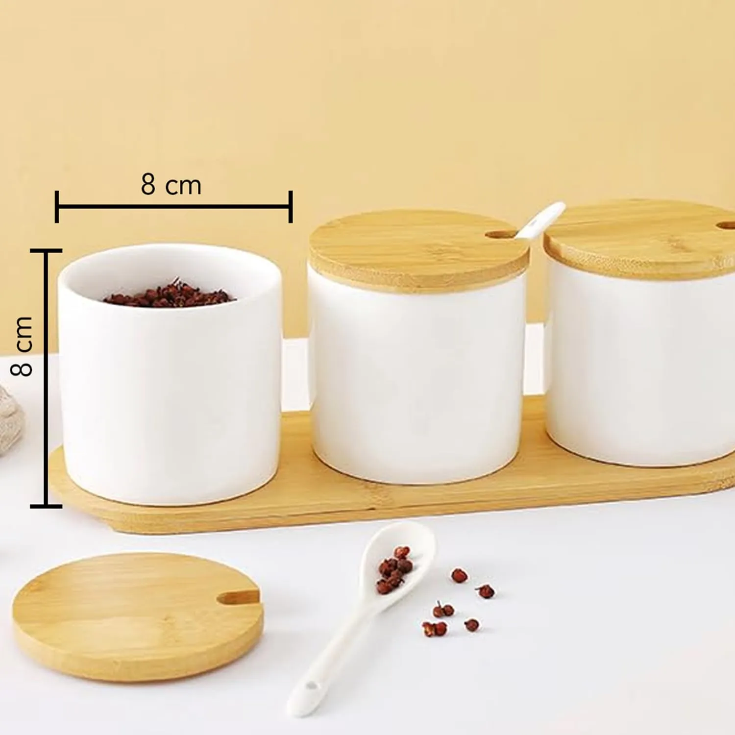 Ekhasa Multipurpose Ceramic Jars with Bamboo Lid (Set of 3) | Ideal for Home Decor, Kitchen Storage, Keeping Cosmetics & Jewellery Accessories, Vases & Plants, Cutlery & Tissues Holder, Candle Holder