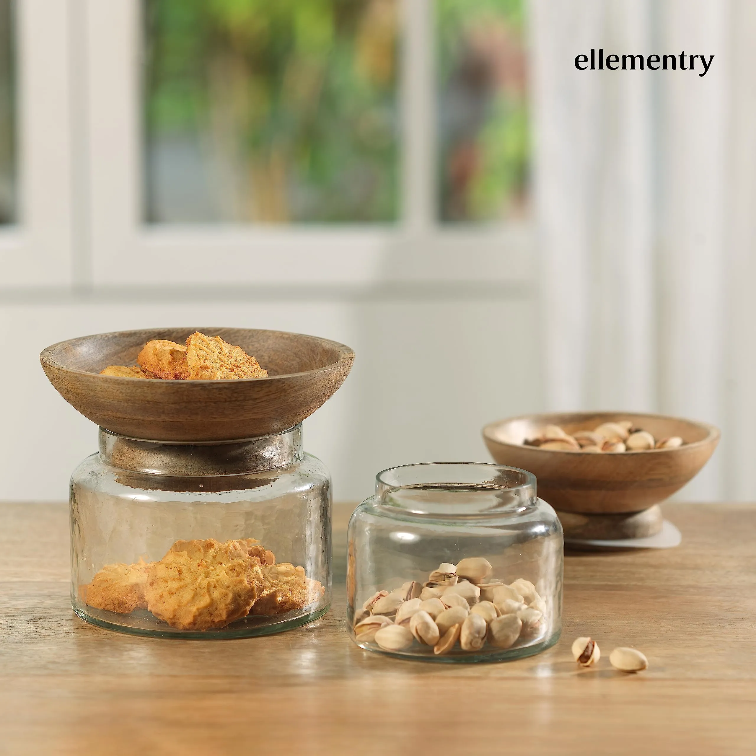 Ellementry Twain Glass Jar with Wooden Bowl (200 ML) | Transparent and BPA Free | Wooden Bowl Lid | Kitchen Organizer | Multipurpose Jar | Grocery, Dry Fruit and Spice Storage Jars (Pack Of 3)