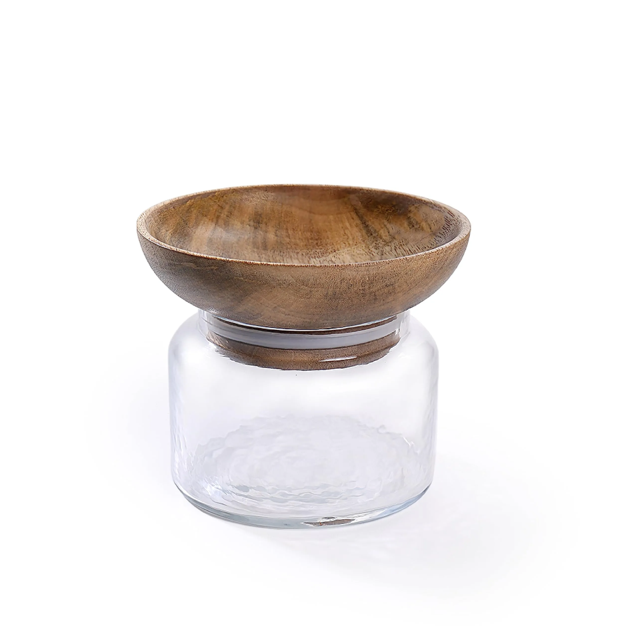 Ellementry Twain Glass Jar with Wooden Bowl (200 ML) | Transparent and BPA Free | Wooden Bowl Lid | Kitchen Organizer | Multipurpose Jar | Grocery, Dry Fruit and Spice Storage Jars (Pack Of 3)