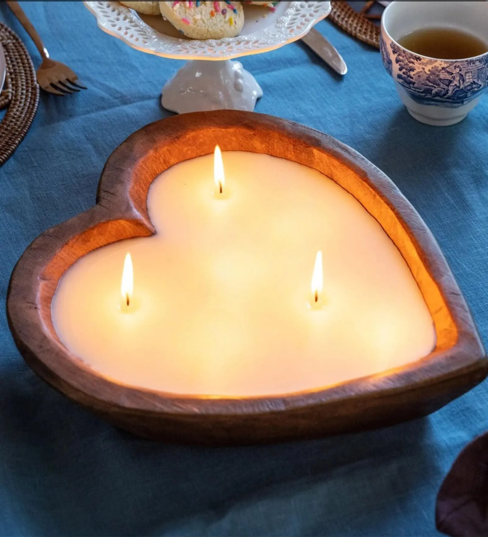 First Row Aromatic Fables Heart Shape Lavender Scented Wooden Dough Bowl Candle | Hand-Poured Small Batch Candle Ideal for Home Decor, Gifting, Meditation and Aromatherapy