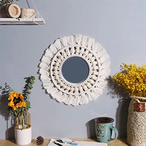 GAH Round Macrame Wall Mirror Hanging Home Living Room Bedroom Hallway Beads