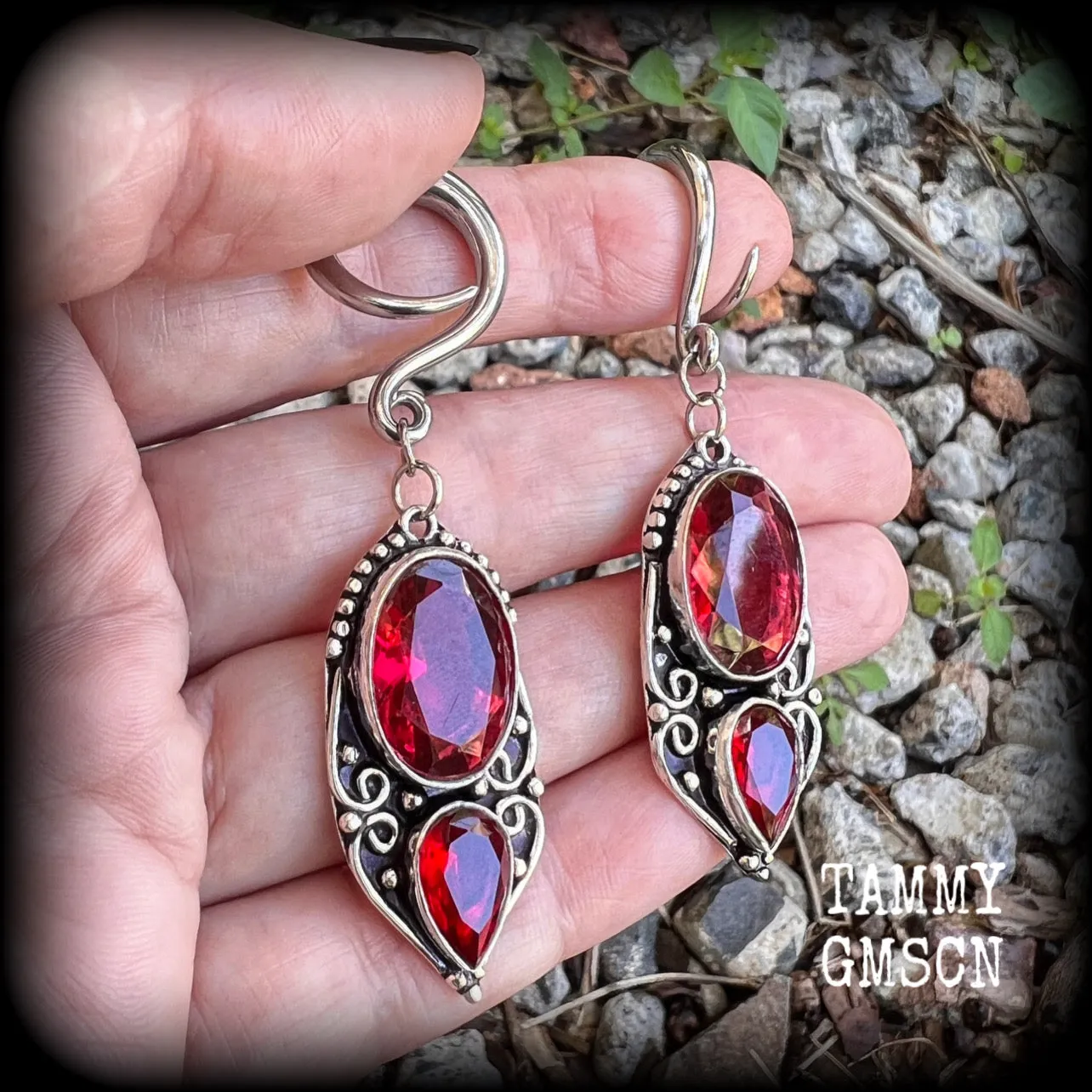 Garnet gauged earrings-Boho gemstone ear weights