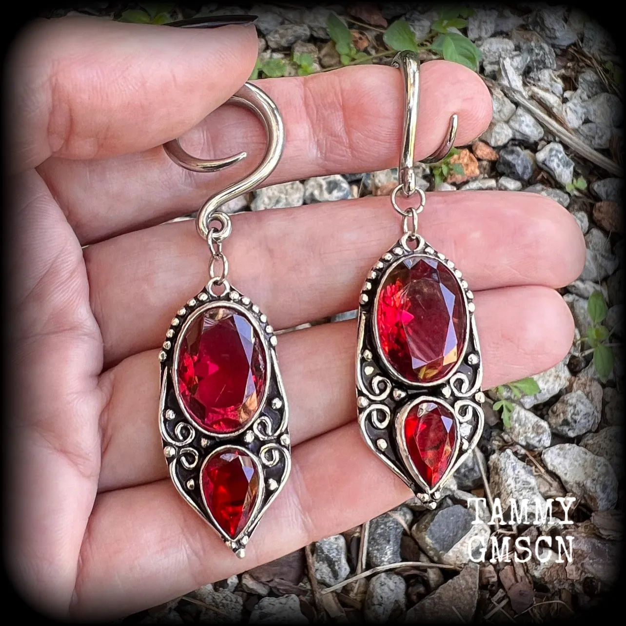 Garnet gauged earrings-Boho gemstone ear weights