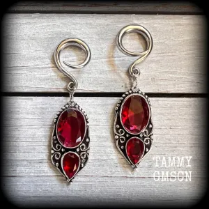 Garnet gauged earrings-Boho gemstone ear weights