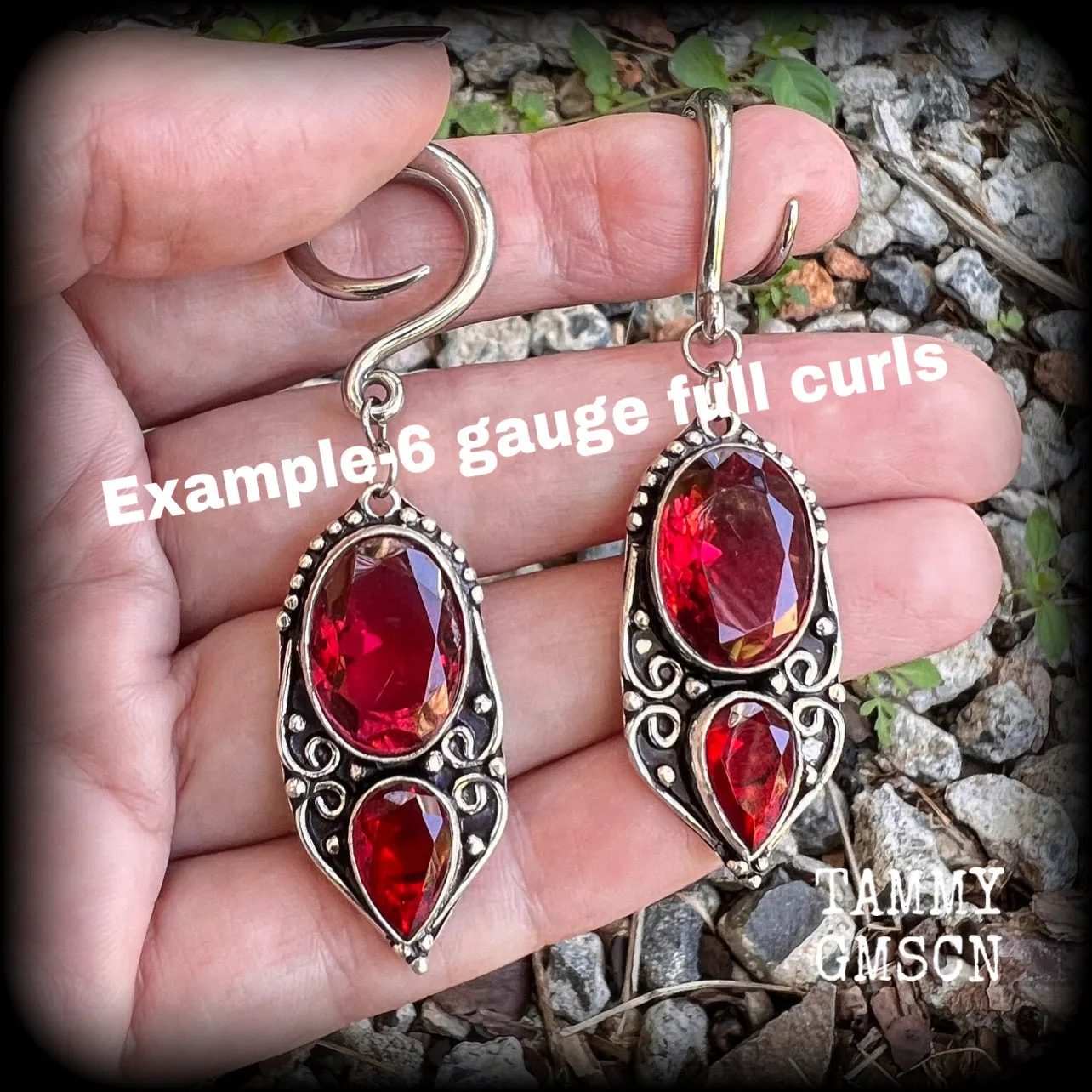 Garnet gauged earrings-Boho gemstone ear weights