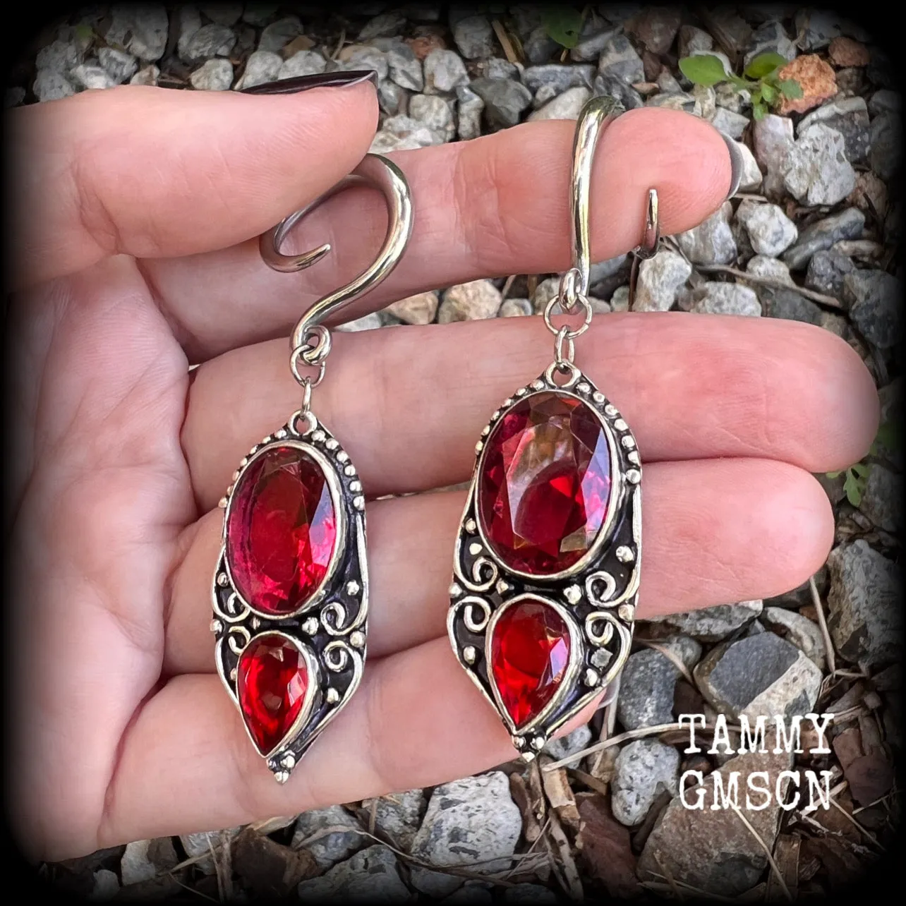 Garnet gauged earrings-Boho gemstone ear weights