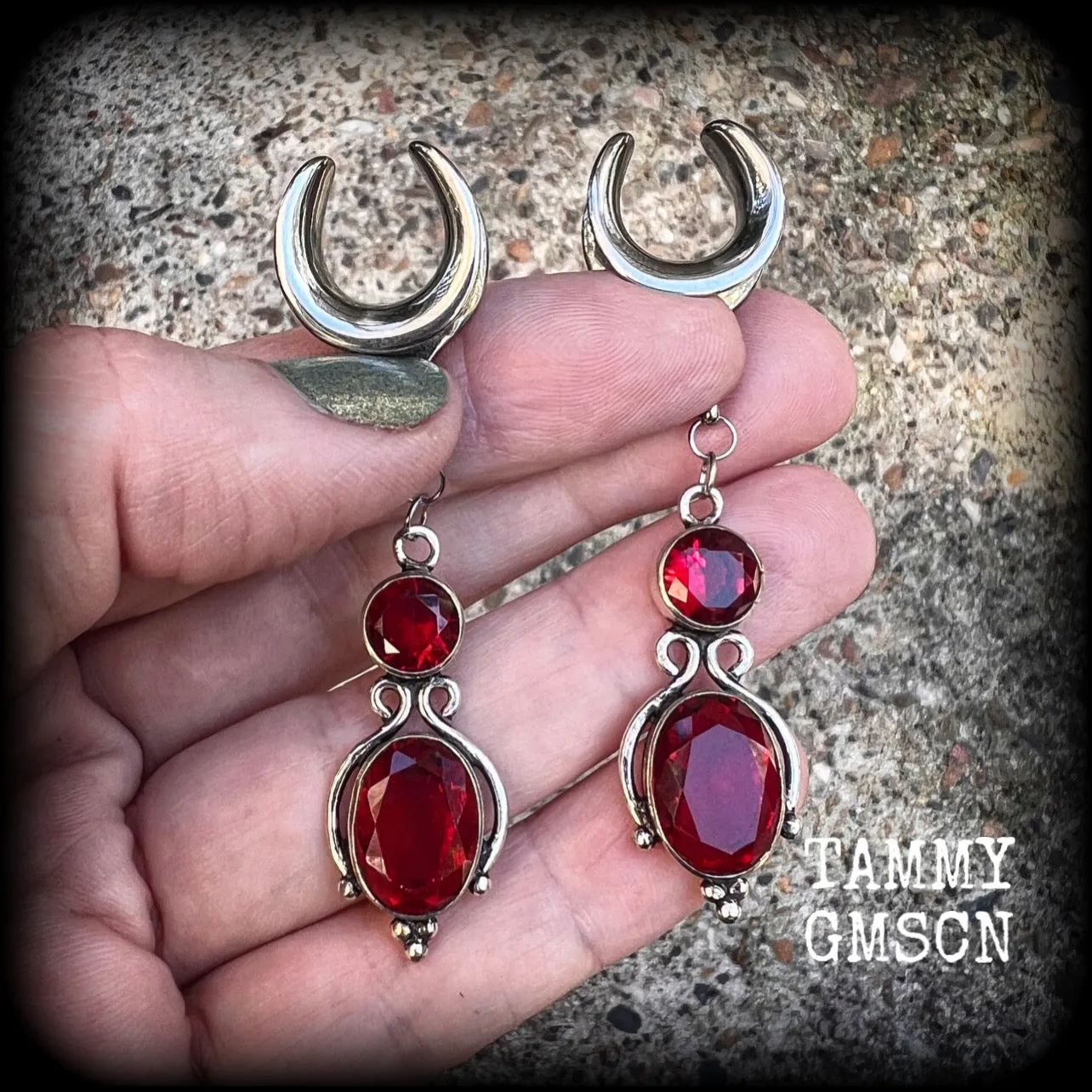 Garnet gauged earrings-Gemstone ear hangers