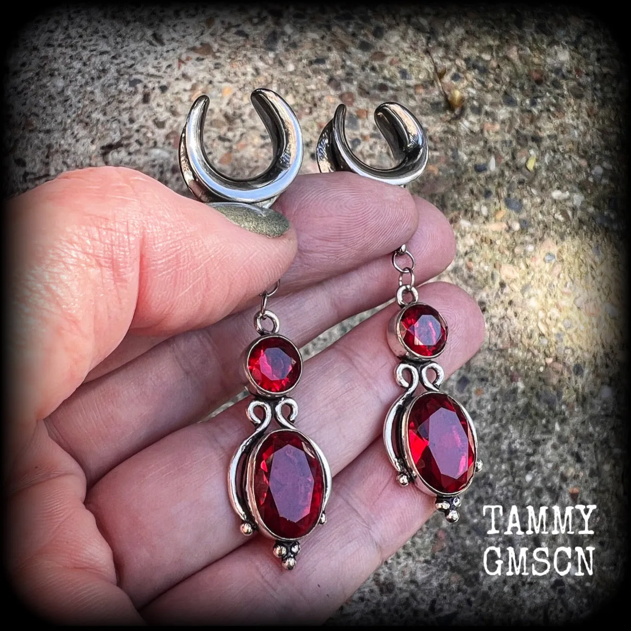 Garnet gauged earrings-Gemstone ear hangers