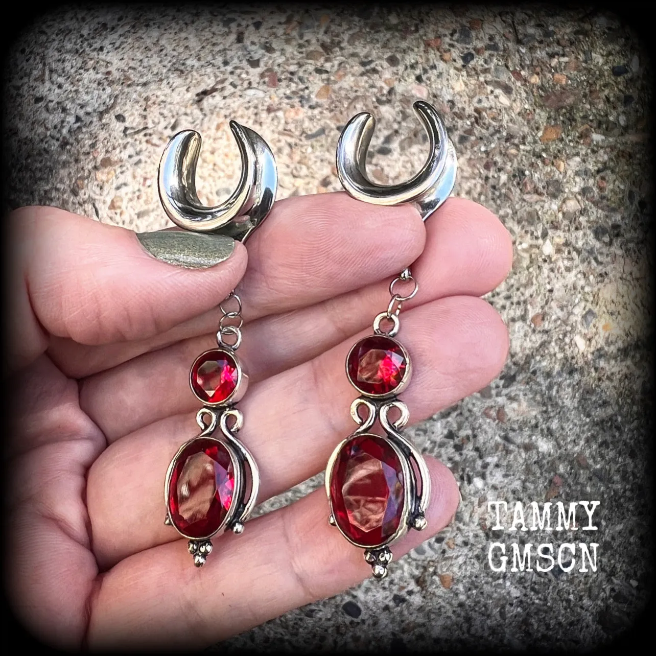 Garnet gauged earrings-Gemstone ear hangers