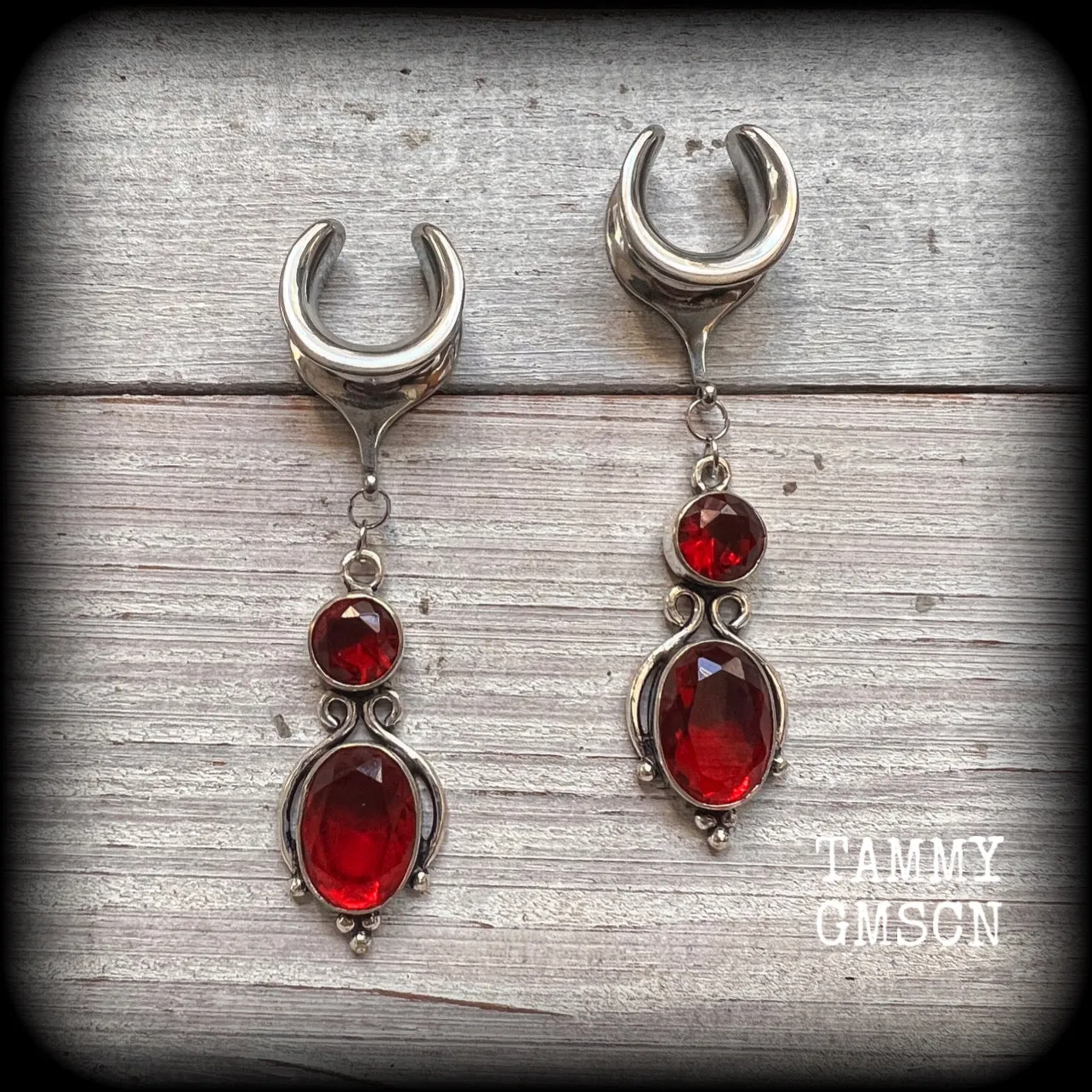 Garnet gauged earrings-Gemstone ear hangers