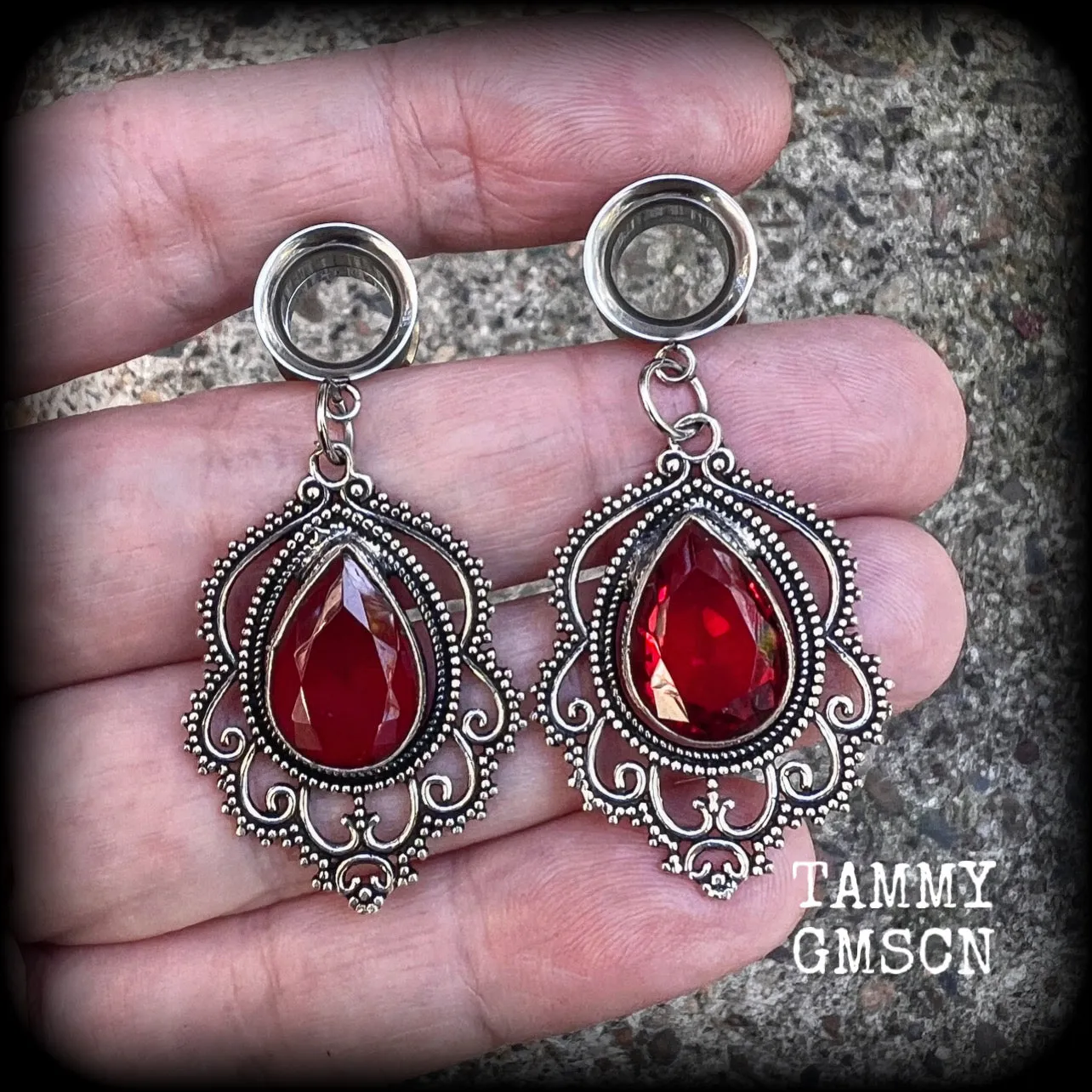 Garnet gemstone tunnel dangles-Gypsy boho gauged earrings