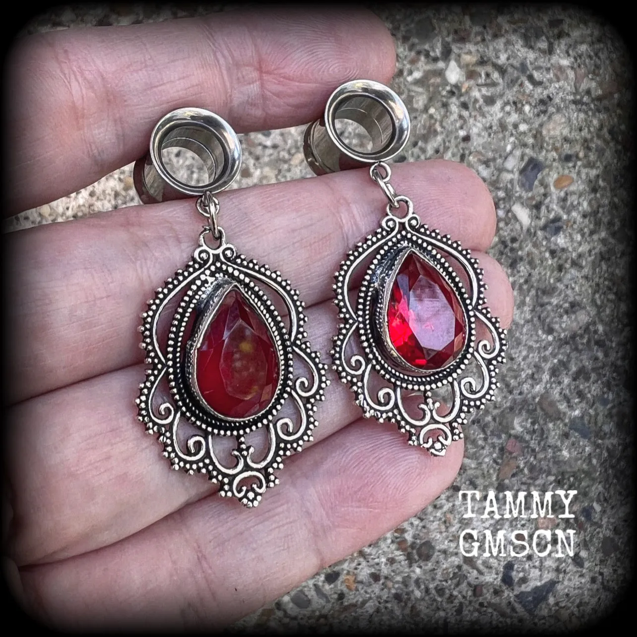 Garnet gemstone tunnel dangles-Gypsy boho gauged earrings