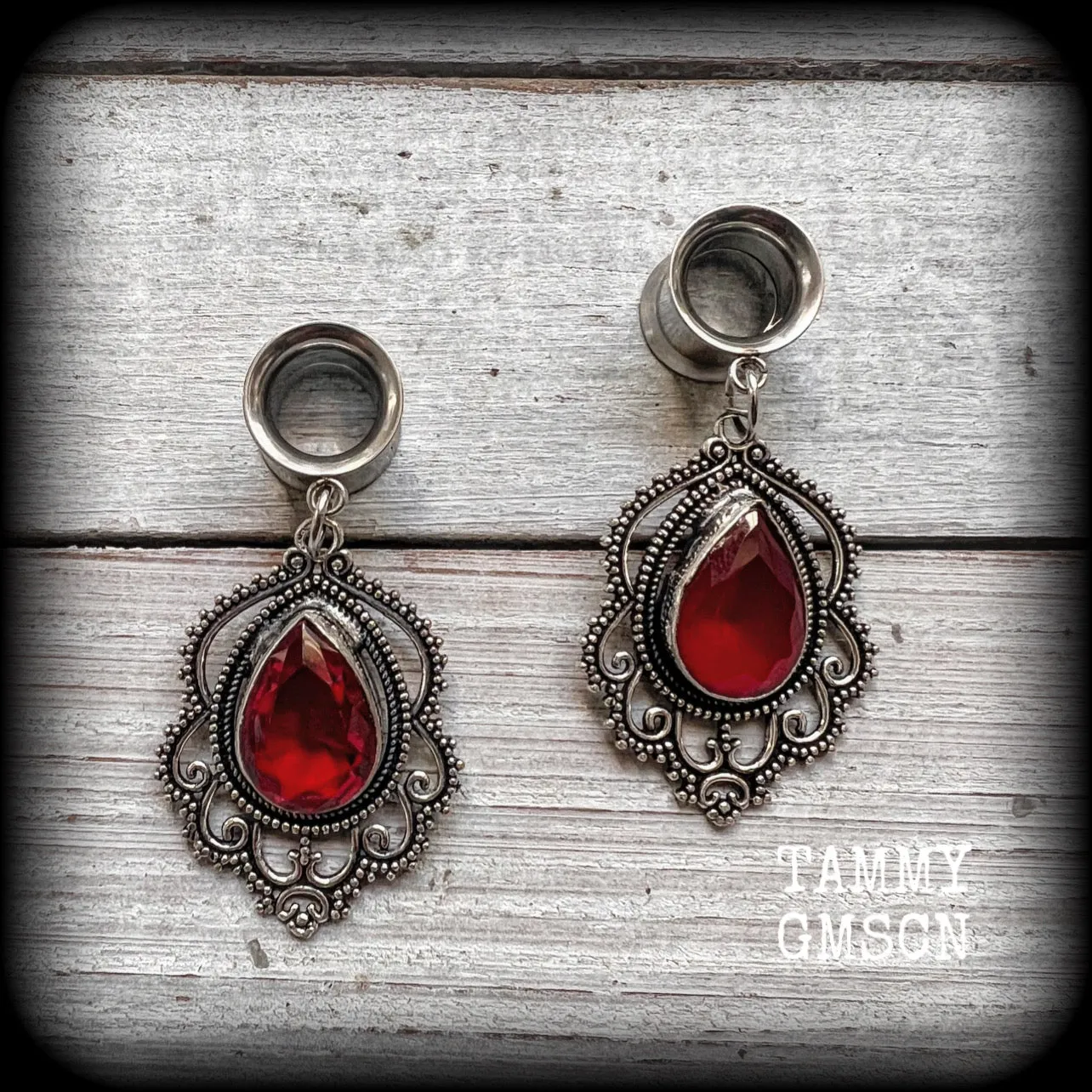 Garnet gemstone tunnel dangles-Gypsy boho gauged earrings