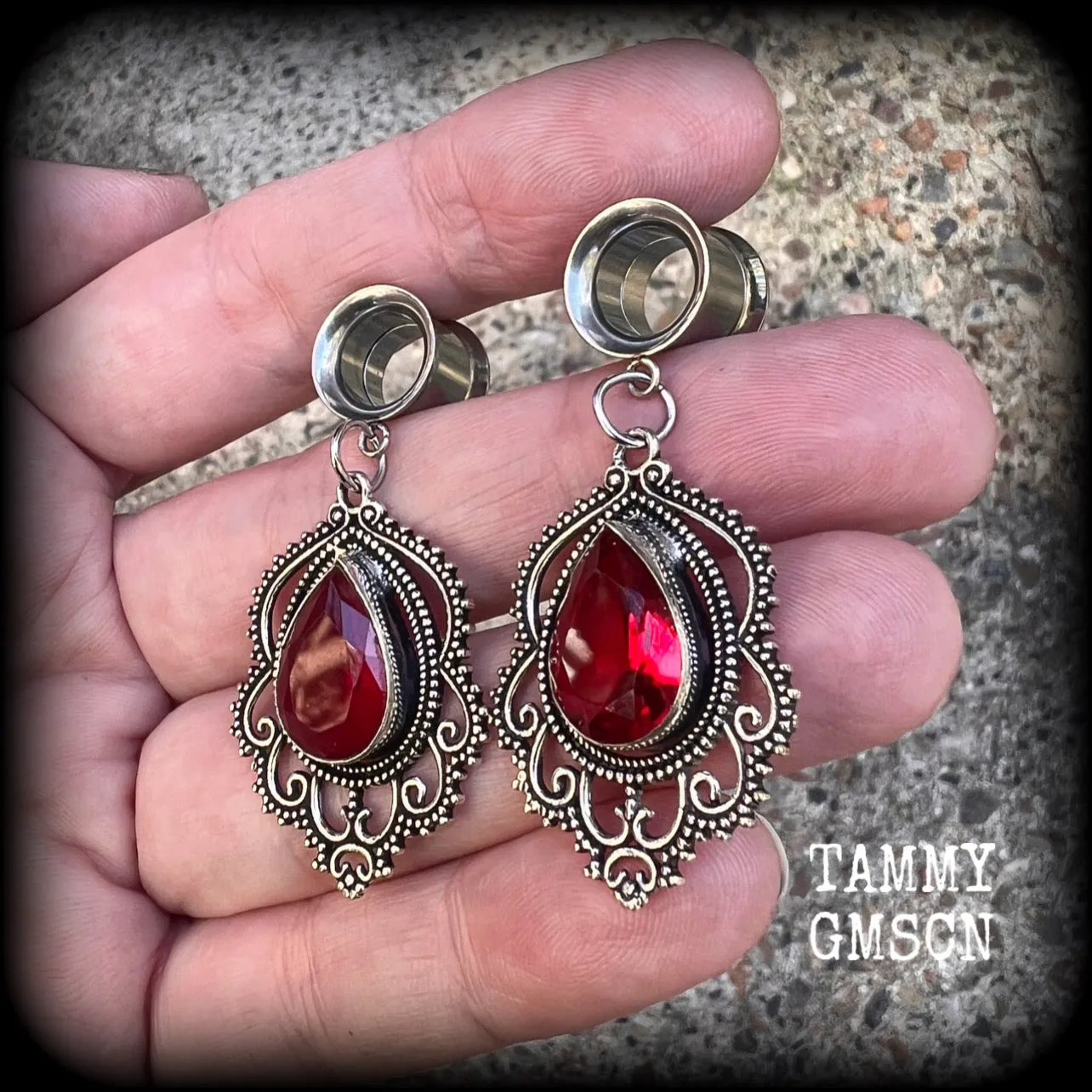 Garnet gemstone tunnel dangles-Gypsy boho gauged earrings