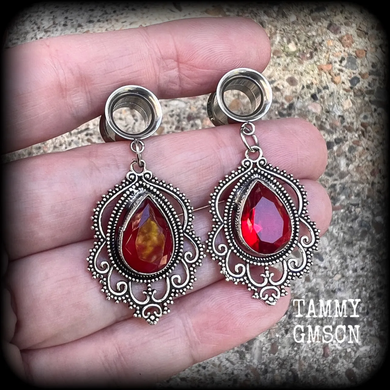 Garnet gemstone tunnel dangles-Gypsy boho gauged earrings