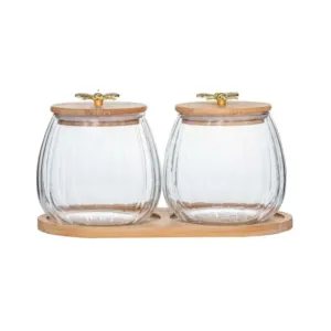 Glass Jars with Wooden Lids With Wooden Tray Set of 2pcs