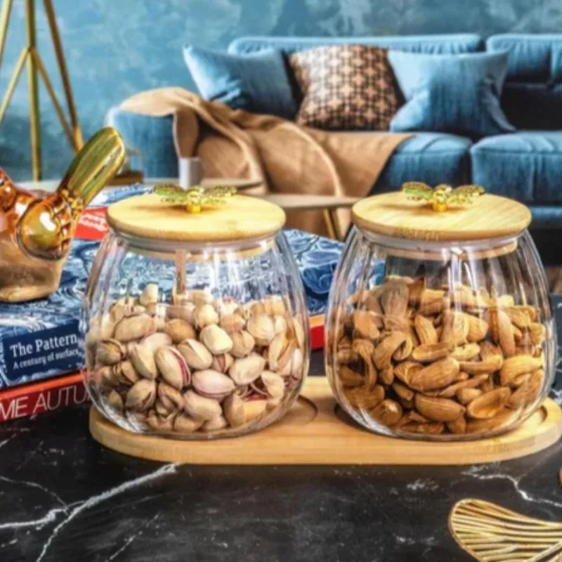 Glass Jars with Wooden Lids With Wooden Tray Set of 2pcs