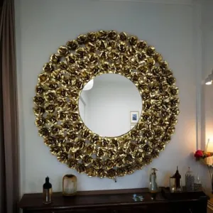 Gold Rose Design Mirror, Rose Frame Wall Mirror, Elegance Gold Wall Mirror, Decorative Rose Mirror, Luxury Gold Wall Decor,Metal Wall Mirror, Gold Framed Wall Mirror,