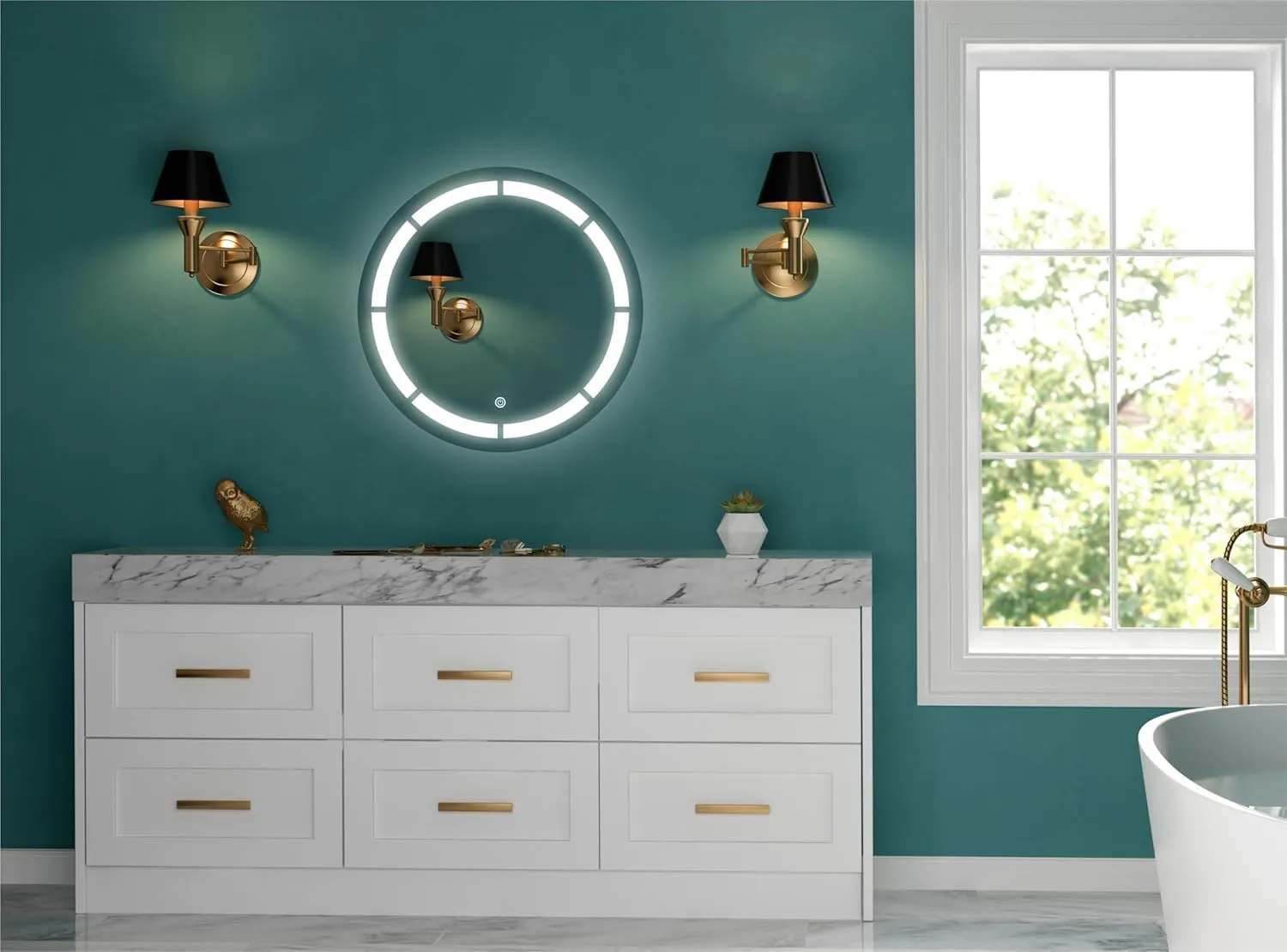 GWEN Round LED Wall Mirror for Bathroom,Wash Basin Mirror 3 LED Lights (Warm,White,Natural White, Size 24 x 24 inch, Framed) (Round_3)