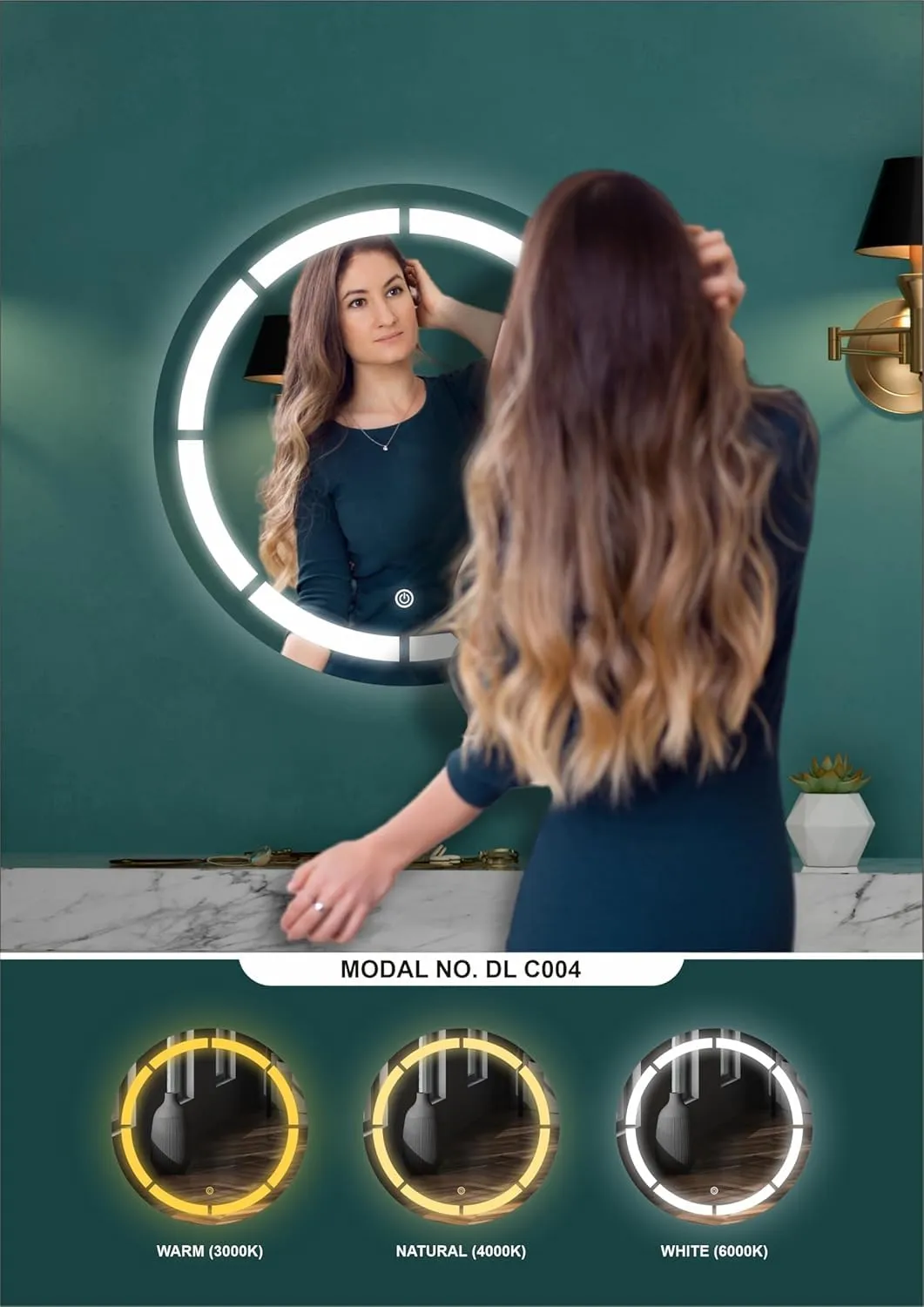 GWEN Round LED Wall Mirror for Bathroom,Wash Basin Mirror 3 LED Lights (Warm,White,Natural White, Size 24 x 24 inch, Framed) (Round_3)