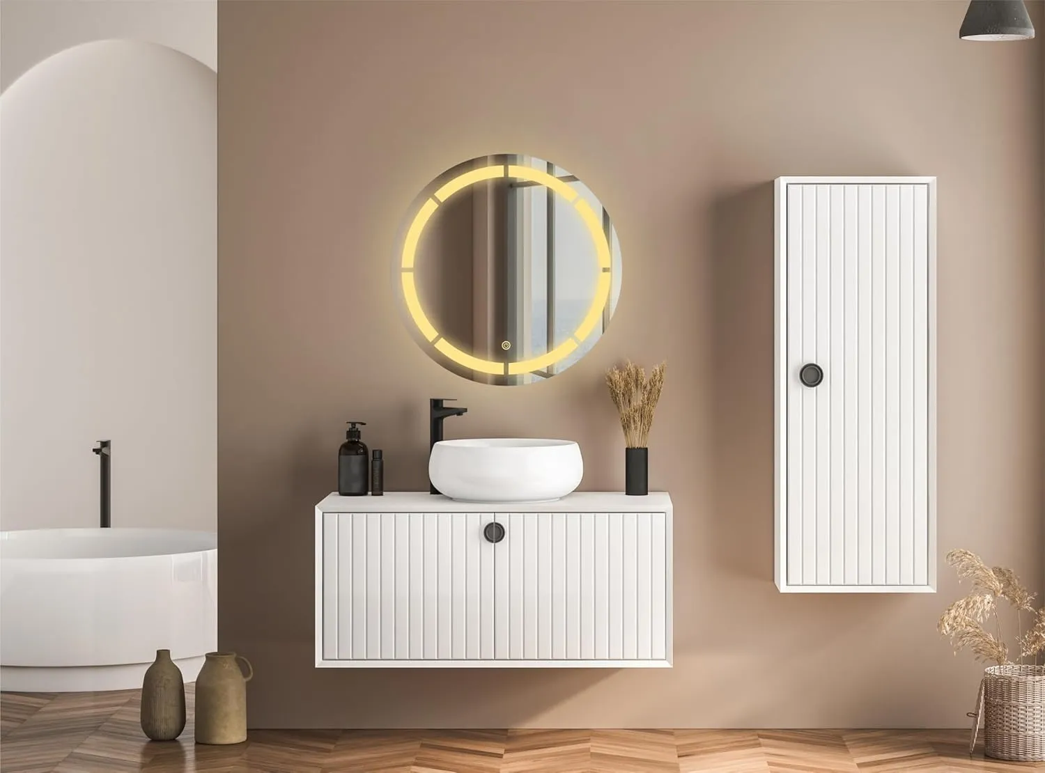 GWEN Round LED Wall Mirror for Bathroom,Wash Basin Mirror 3 LED Lights (Warm,White,Natural White, Size 24 x 24 inch, Framed) (Round_3)