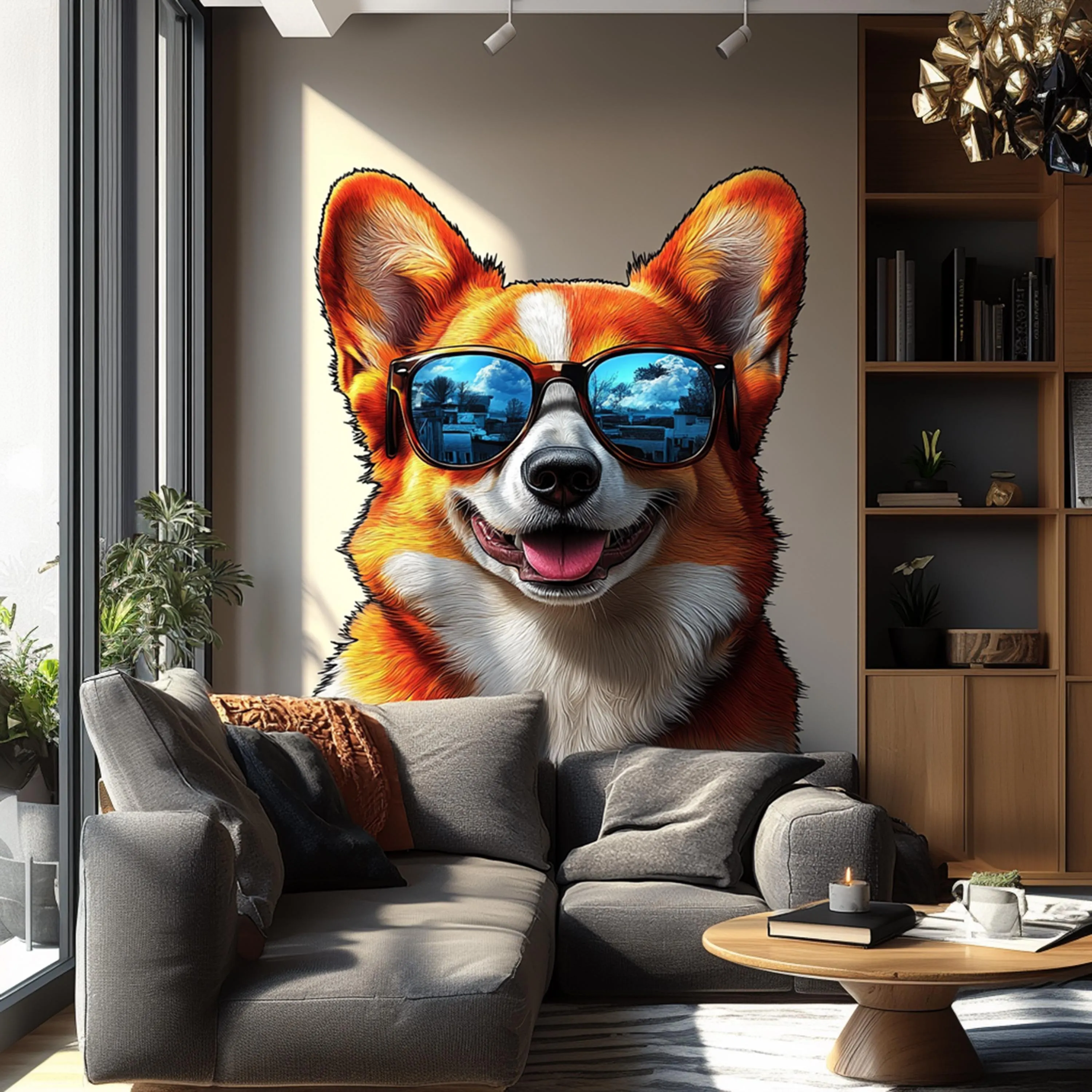 Happy Corgi with Sunglasses Wall Decal | Fun Dog Wall Art | Removable Pet Wall Sticker | Quirky Puppy Themed Room Decor for Kids Living Room