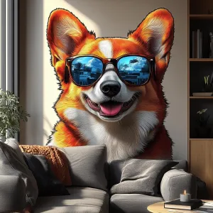 Happy Corgi with Sunglasses Wall Decal | Fun Dog Wall Art | Removable Pet Wall Sticker | Quirky Puppy Themed Room Decor for Kids Living Room