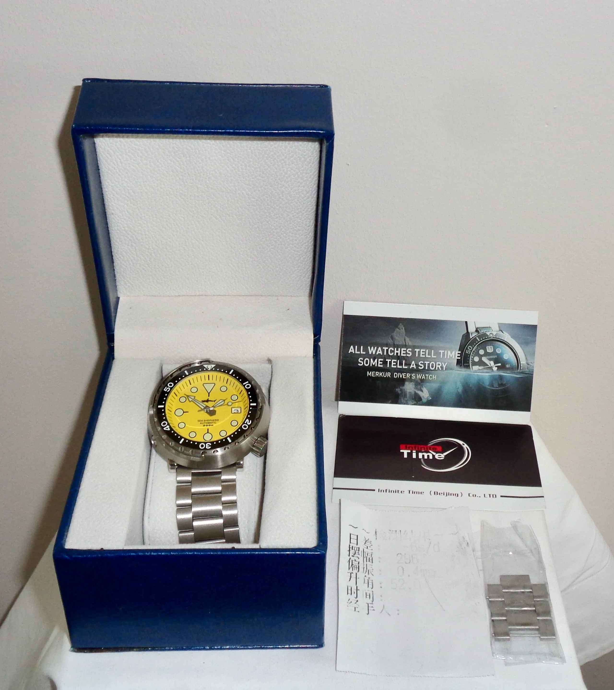 Heimdallr Sharkey Sea Shepherd Colourful Tuna Can Diver's Watch With Yellow Face And Stainless Steel Band