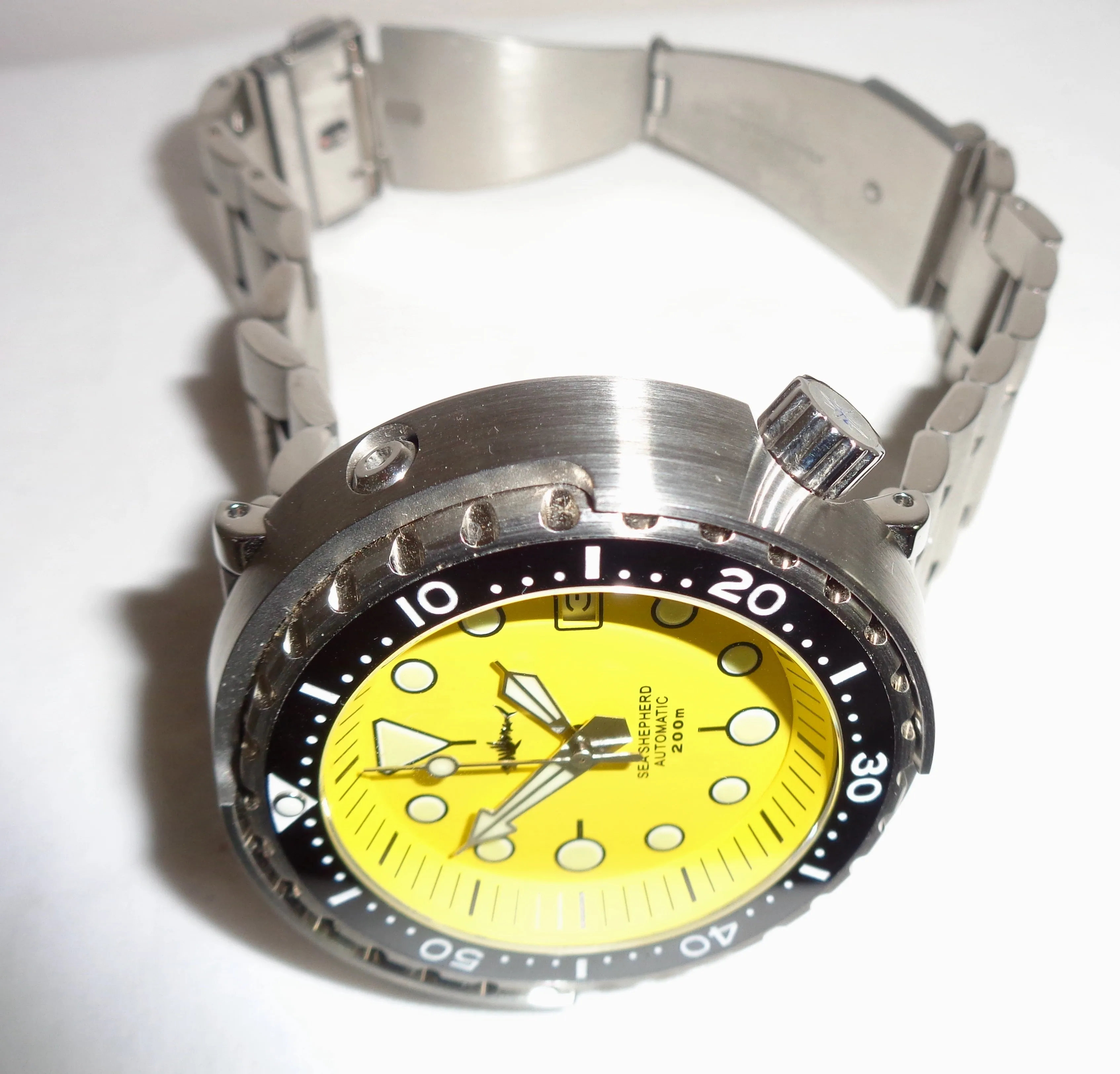 Heimdallr Sharkey Sea Shepherd Colourful Tuna Can Diver's Watch With Yellow Face And Stainless Steel Band