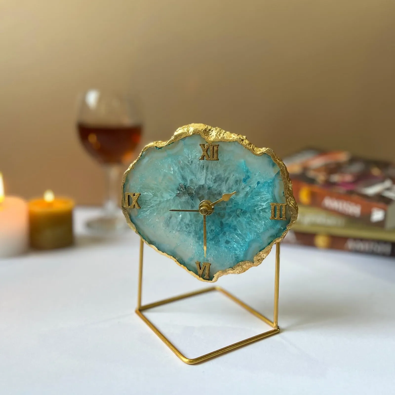 HOMEARTE INDIA Crystal Agate Stone Desktop Clock Antique Table Clock for Home Decor and Office StudyTable Shelf Clocks Vastu Items for Home for Good Luck- Turquoise