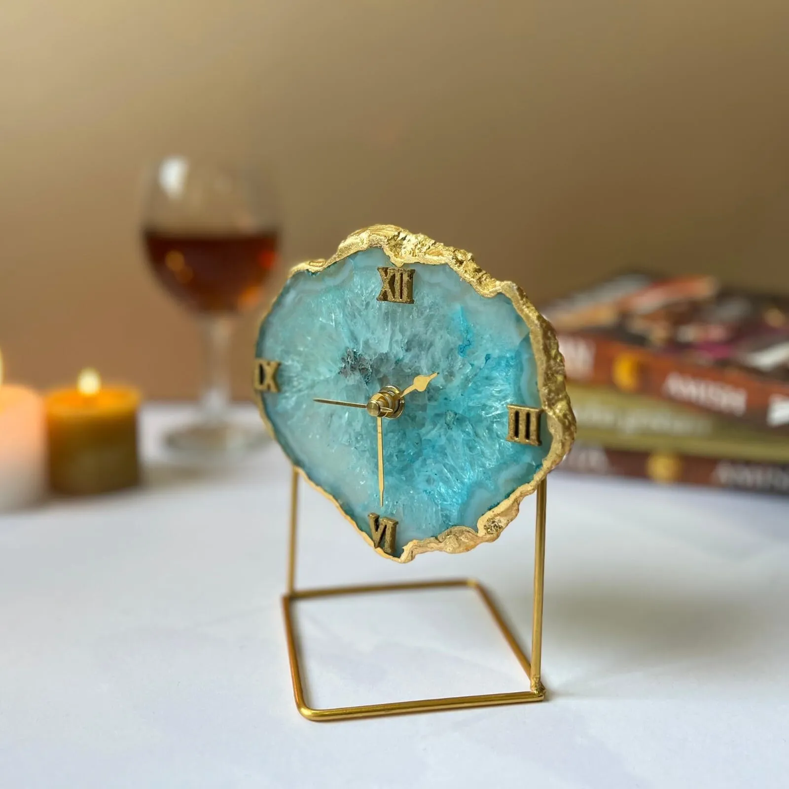 HOMEARTE INDIA Crystal Agate Stone Desktop Clock Antique Table Clock for Home Decor and Office StudyTable Shelf Clocks Vastu Items for Home for Good Luck- Turquoise