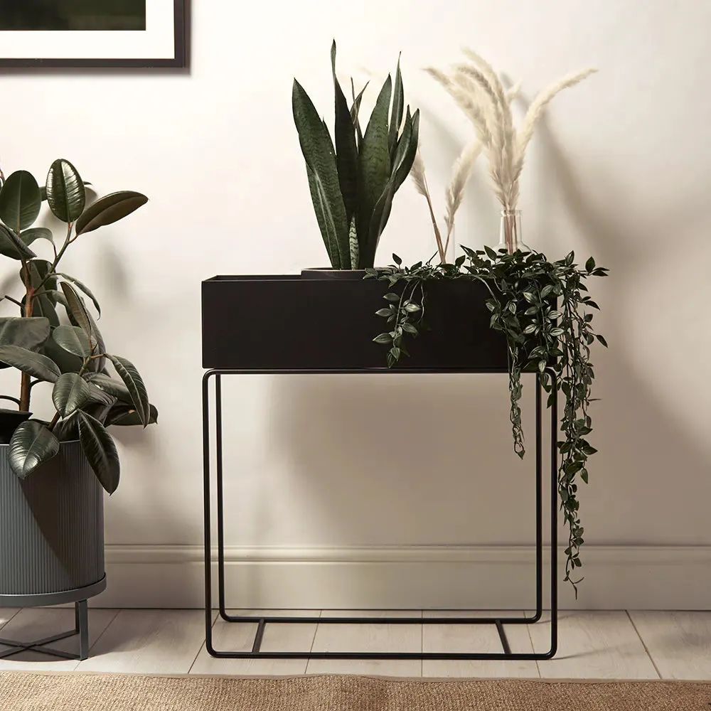 Indoor Metal Tall Rectangle Tray Plant Pot Stand-Black