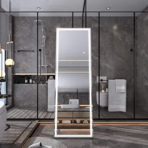 LED Full-Length Mirror Freestanding Lighted Floor Mirror Wall-Mounted 3-Color Dimmable Lighting Hanging Mirror