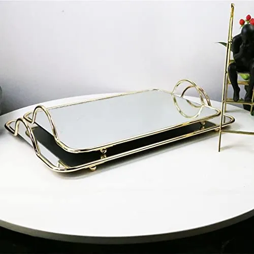 LICHTS Mirror Tray Gold Display Vintage Jewelry Perfume for Bedroom Makeup Small