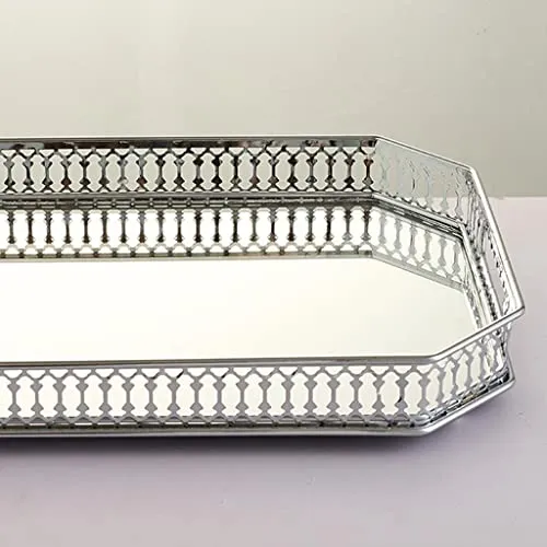 LICHTS Retro Mirrored Vanity Tray Jewelry Perfume Earring Tray Decor Storage Silver