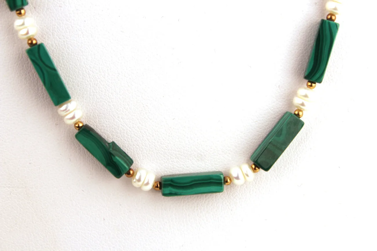 Malachite and Pearl Beaded Necklace with Gold Accents