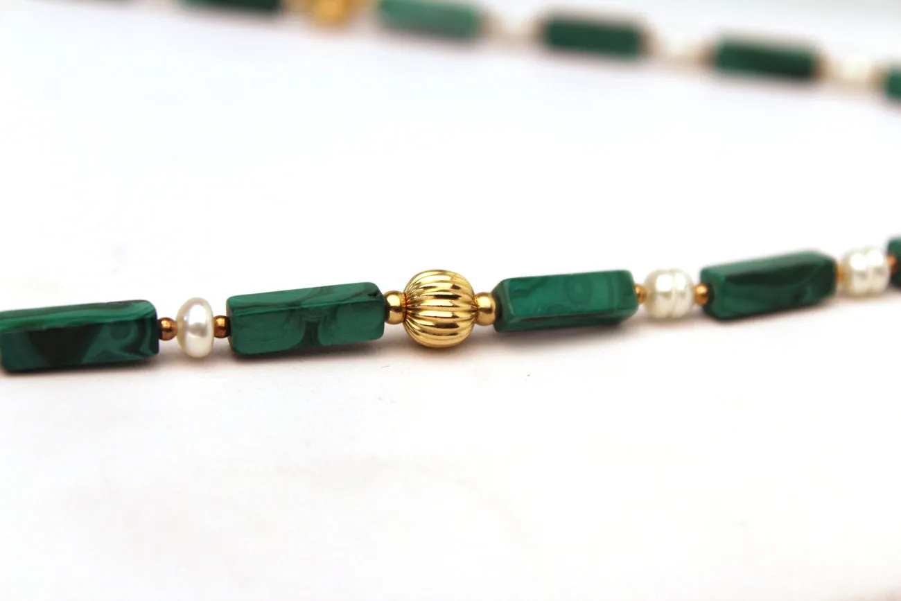 Malachite and Pearl Beaded Necklace with Gold Accents